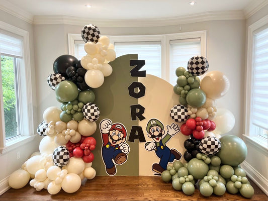 Customizable Backdrop with Balloons Green, Sand White, Dust White and Red with Checkered Foil, Luigi and Mario Accents - Super Mario-Themed Perfect for special occasions