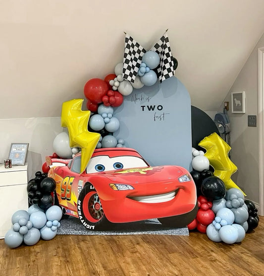 Customizable Backdrop with Balloons Blue, Red and Black with Yellow Lightning Foil Accents and Cars Standee - Cars-Themed Perfect for special occasions