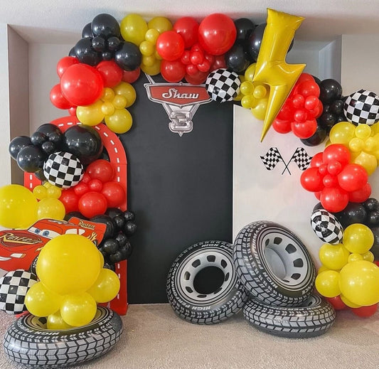 Customizable Backdrop with Balloons Yellow, Red and Black with Yellow Lightning, Wheels and Checkered Ball Foil and Cars Accents - Cars-Themed Perfect for special occasions