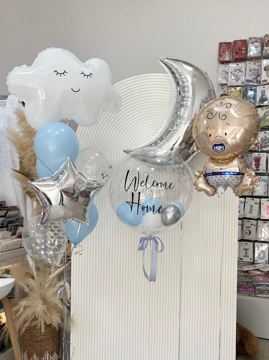 Personalised Clear with Mini Latex, Fairy Lights and Sticker and Latex Bunch Blue and Clear with Confetti, White Heart with Sticker and Silver Star, Baby Boy, White Cloud, Silver Moon Foil Helium Balloon - Baby Shower, Perfect for special occasions!