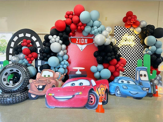 Full Setup Customizable Backdrop with Balloons Blue, Red and Black with Cars Character and Wheels Foil Accents and LED Acrylic ‘Happy Birthday’ Lights - Cars-Themed Perfect for special occasions