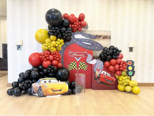 Full Setup Customizable Backdrop with Balloons Yellow, Red and Black with Cars Character Accents and Acrylic Cake Stand - Cars-Themed Perfect for special occasions