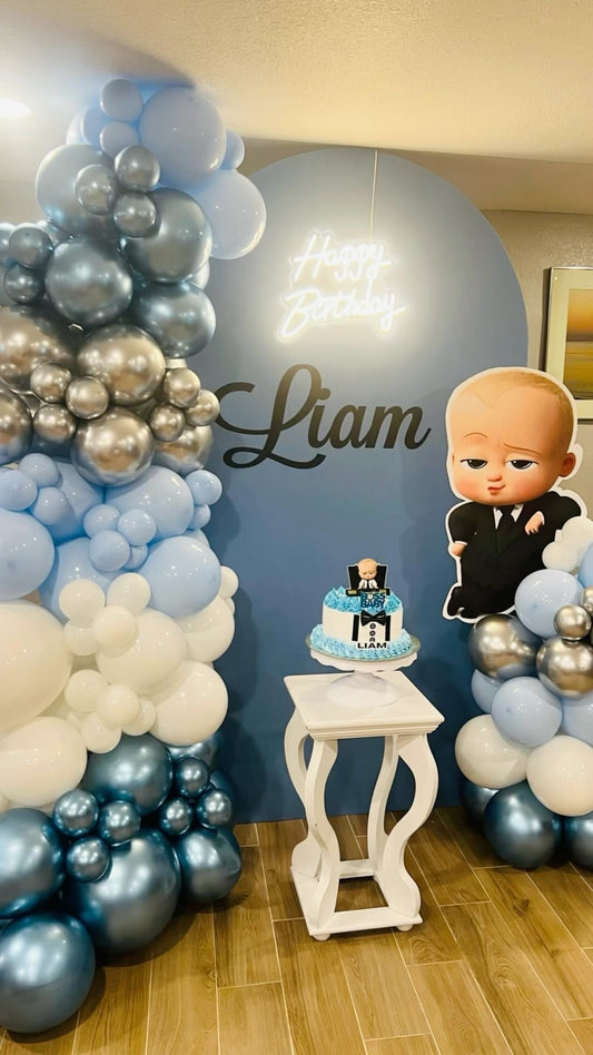 Customizable Backdrop with Balloons Chrome Blue, White and Silver with Baby Boss Standee Accents with LED Acrylic ‘Happy Birthday’ Lights - Boss Baby-Themed Perfect for special occasions
