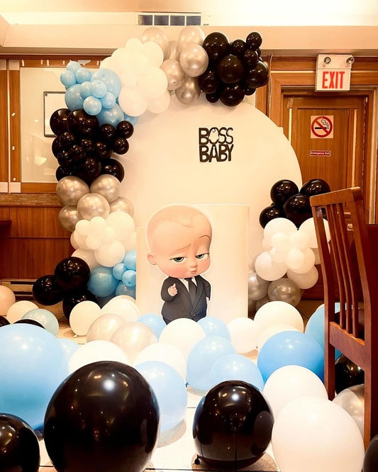 Customizable Backdrop with Balloons Blue, White, Silver and Black with Baby Boss Standee, White Cake Stand and Floor Balloons - Boss Baby-Themed Perfect for special occasions