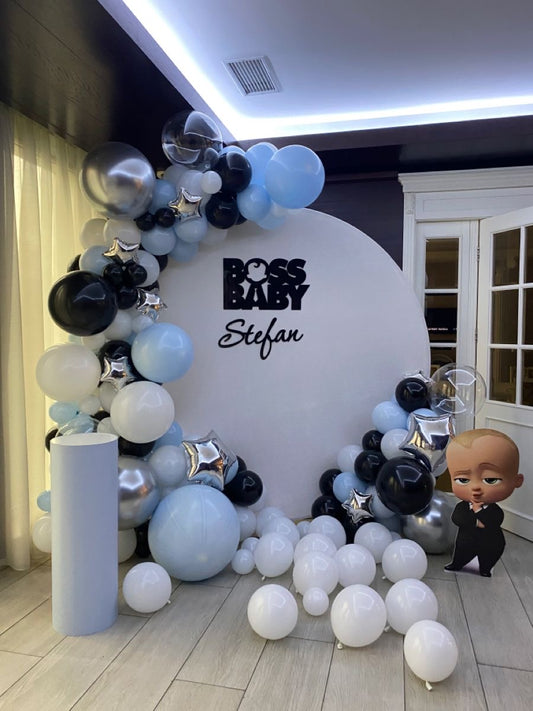 Customizable Backdrop with Balloons Blue, White, Silver and Black with Mini Silver Stars and Clear Balloons Accents, Baby Boss Standee and White Cake Stand - Boss Baby-Themed Perfect for special occasions