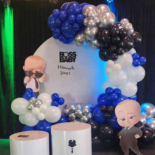 Customizable Backdrop with Balloons Blue, White, Silver and Baby Boss Standee - Boss Baby-Themed Perfect for special occasions