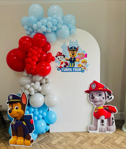 Customizable Board Backdrop with Balloon Gray, Blue and Red with Paw Patrol Character Standee - Paw Patrol-Themed Perfect for special occasions