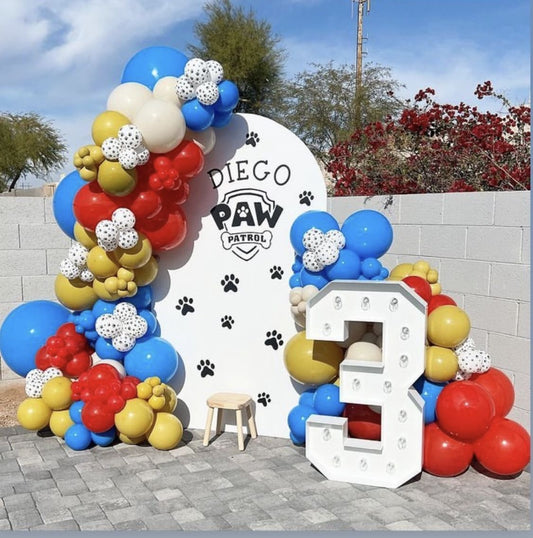 Customizable Board Backdrop with Balloon Blue, Red, Yellow and Paw Printed with LED Marquee Number ‘3’ - Paw Patrol-Themed Perfect for special occasions