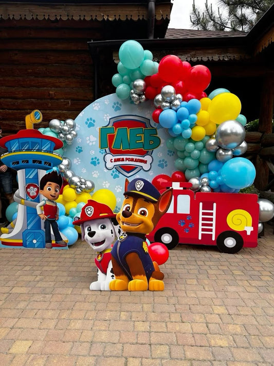 Customizable Board Backdrop with Balloon Silver, Blue, Yellow, Green and Red with Paw Patrol Character Standee - Paw Patrol-Themed Perfect for special occasions