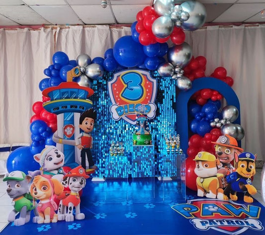Customizable Board Backdrop with Balloon Silver, Blue, Yellow, Green and Red with Paw Patrol Character Standee and Acrylic Cake Stand - Paw Patrol-Themed Perfect for special occasions