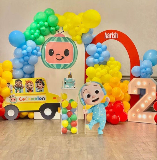Customizable Board Backdrop with Balloon Blue, Yellow, Orange, Green and Red with JJ Character Standee and Acrylic Cake Stand and LED Marquee ‘2’ Number - Cocomelon-Themed Perfect for special occasions