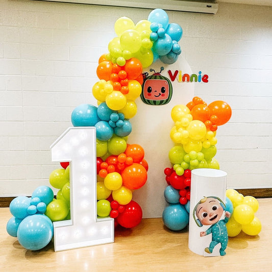 Customizable Board Backdrop with Balloon Blue, Yellow, Pink and Purple with JJ Character Standee and Acrylic Cake Stand and LED Marquee ‘1’ Number - Cocomelon-Themed Perfect for special occasions