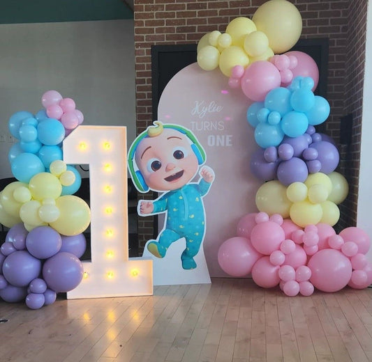 Customizable Board Backdrop with Balloon Blue, Yellow, Pink and Purple with JJ Character Standee and Acrylic Cake Stand and LED Marquee ‘1’ Number - Cocomelon-Themed Perfect for special occasions