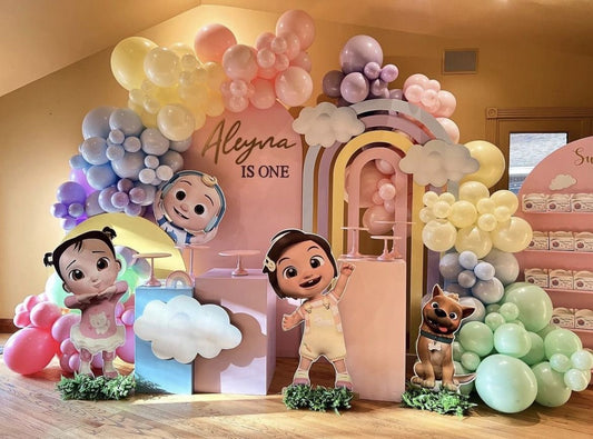 Full Set Customizable Board Backdrop with Balloon Blue, Yellow, Pink and Purple with Cocomelon Characters Standee and Cake Stand - Cocomelon-Themed Perfect for special occasions