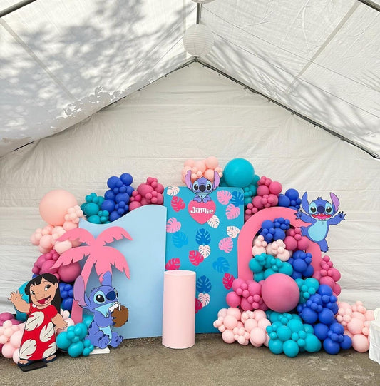 Full Set Customizable Board Backdrop with Balloon Blue, Turquoise, Dark and Light Pink with Stitch Characters Standee and Cake Stand - Stitch-Themed Perfect for special occasions