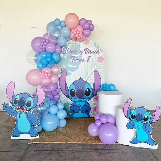 Full Set Customizable Board Backdrop with Balloon Blue, Clear, Pink and Purple with Stitch Characters Standee and Cake Stand - Stitch-Themed Perfect for special occasions
