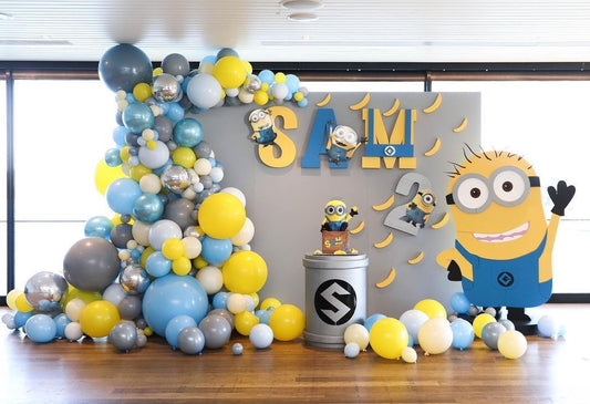 Full Set Customizable Board Backdrop with Balloon Blue, Silver, Gray and Yellow with Minions Character Standee - Minions-Themed Perfect for special occasions