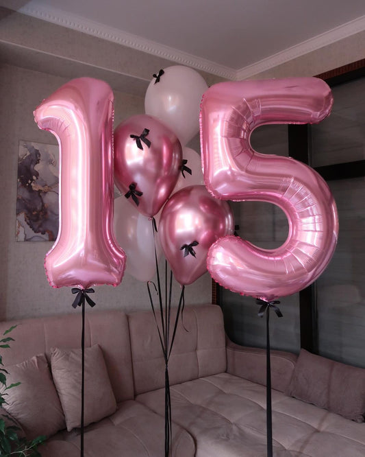 Helium Number Balloon Pink ‘15’ with Latex Chrome Pink and Pink Helium Balloons with Black Ribbons - Perfect for any occasions