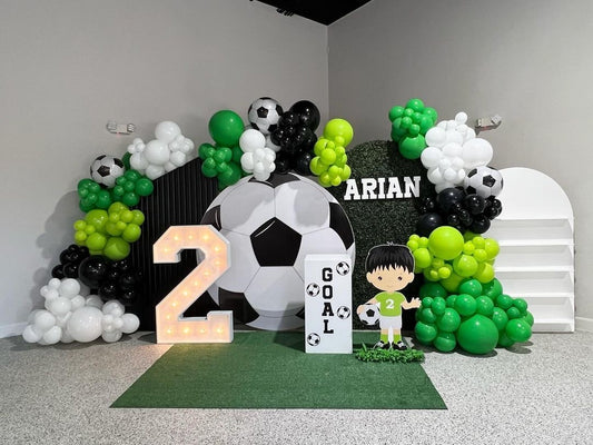 Full Set Customizable Board Backdrop with Balloon Soccer Ball, White, Green and Black with LED Marquee Number ‘2’ and Player Standee - Football Sport-Themed Perfect for special occasions