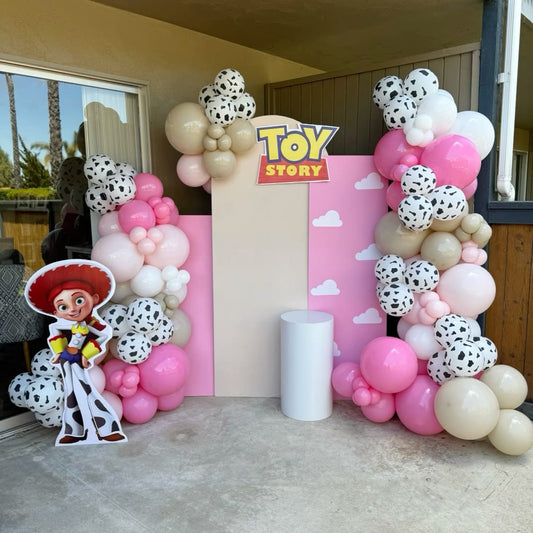 Full Set Customizable Board Backdrop with Balloon Animal Printed White, White, Pink and Dust White with Toy Story Characters Standee - Toy Story-Themed Perfect for special occasions