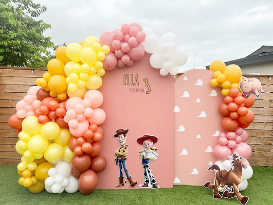 Full Set Customizable Board Backdrop with Balloon White, Pink, Yellow and Brown with Toy Story Characters Standee - Toy Story-Themed Perfect for special occasions