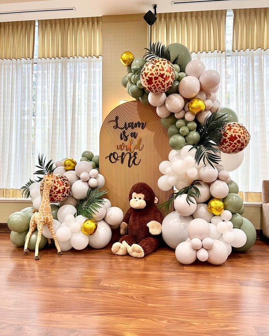 Customizable Board Jungle Backdrop with Balloon White, Sand White, Green and Animal Printed Orbs with Artificial Leaves - Safari-Themed Perfect for special occasions