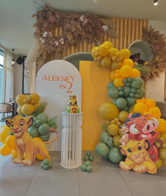 Customizable Board Backdrop with Balloon Green and Yellow with Artificial Leaves and Lion King Characters Standee - Lion King-Themed Safari-Themed Perfect for special occasion