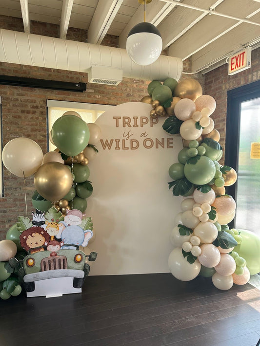 Customizable Board Jungle Backdrop with Balloon Gold, Dust White and Green with Artificial Leaves, Animals in a Car Standee Lion Giraffe Zebra Elephant and 18-inches Heliums - Safari-Themed Perfect for special occasion