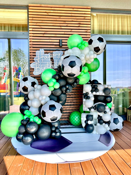Chain Balloon Soccer Ball, White, Green and Black with Marquee Number ‘5’ with Balloons and LED Acrylic ‘Happy Birthday’ Lights - Football Sport-Themed Perfect for special occasions