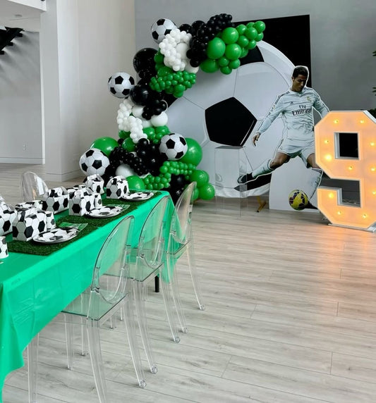 Full Set Customizable Board Backdrop with Balloon Soccer Ball, White, Green and Black with LED Marquee Number ‘9’, Acrylic Cake Stand and Player Standee - Football Sport-Themed Perfect for special occasions