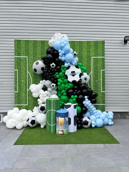Full Set Customizable Board Backdrop with Balloon Soccer Ball, Blue, White, Green and Black - Football Sport-Themed Perfect for special occasions