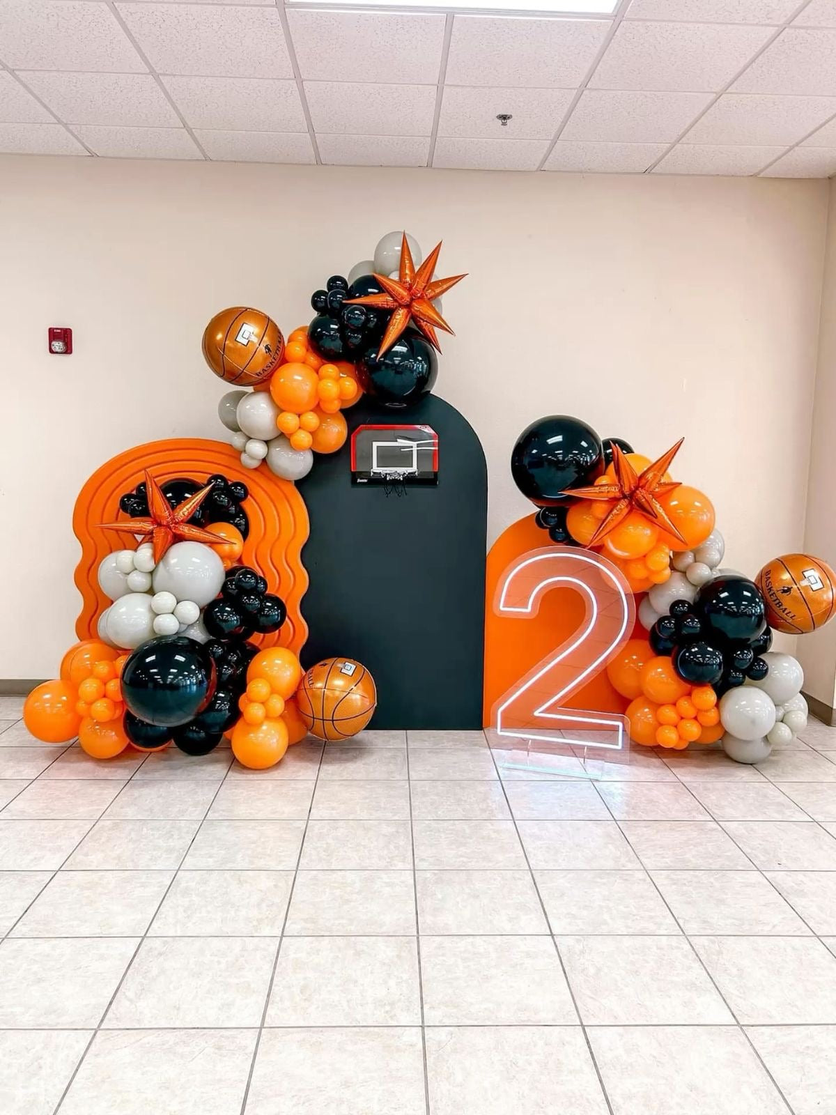 Customizable Board Ball Backdrop with Ring and Balloon Orange, Gray and Black with Ball and Stars accents, LED Marquee Number ‘2’ - Basketball Sports-Themed Perfect for special occasions