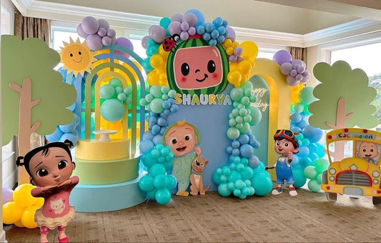 Full Set Customizable Board Backdrop with Balloon Blue, Yellow, Green and Purple with Cocomelon Characters Standee - Cocomelon-Themed Perfect for special occasions