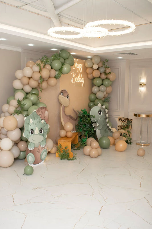 Customizable Board Backdrop with Balloon Beige, Dust White and Green with Artificial Leaves with LED Acrylic ‘Happy Birthday’ Lights and Dinosaur Standee - Dinosaur-Themed Perfect for special occasion