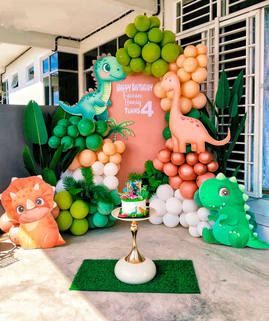 Customizable Board Backdrop with Balloon Beige, White, Chrome Pink and Green with Dinosaur Standee - Dinosaur-Themed Perfect for special occasion