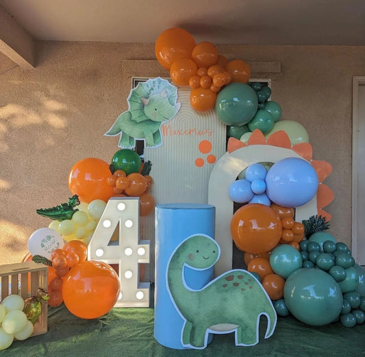 Customizable Board Backdrop with Balloon Orange, Green, Yellow and Blue with Dinosaur Standee and LED Marquee ‘4’ Number - Dinosaur-Themed Perfect for special occasion