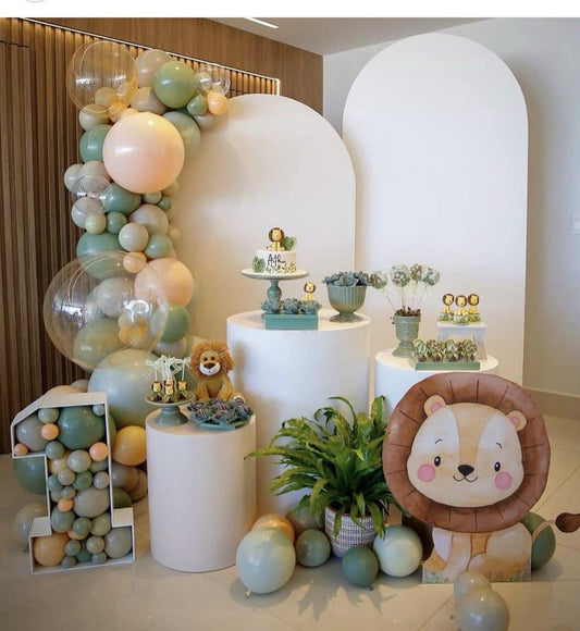Customizable Board Backdrop with Balloon Green, Beige and Clear with Number ‘1’ Marquee, Lion Standee - Safari-Themed Perfect for special occasion