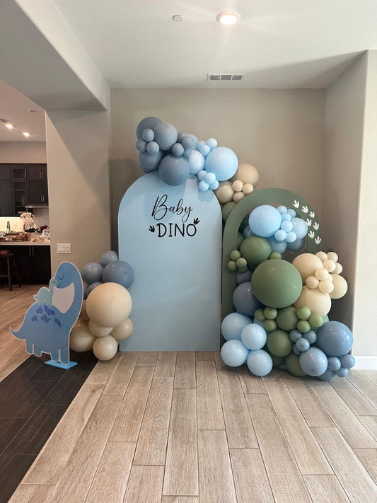 Customizable Board Backdrop with Balloon Blue, Green and Dust White with Dinosaur Standee - Dinosaur-Themed Perfect for special occasion