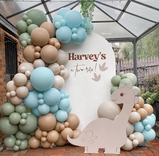 Customizable Board Backdrop with Balloon Blue, Green, Brown and Dust White with Dinosaur Standee - Dinosaur-Themed Perfect for special occasion