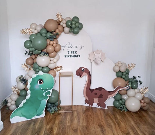 Customizable Board Backdrop with Balloon Green, Brown and Dust White with Artificial Leaves and Dinosaur Standee - Dinosaur-Themed Perfect for special occasion