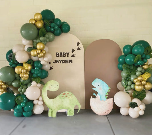 Customizable Board Backdrop with Balloon Gold, Green and Dust White with Artificial Leaves and Dinosaur Standee - Dinosaur-Themed Perfect for special occasion