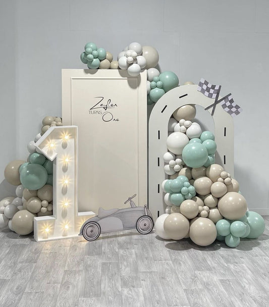 Customizable Board Backdrop and Balloon Green, Gray and White Car Standee and LED Marquee Number ‘1’ - Car-Themed Perfect for special occasions