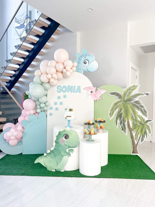 Customizable Board Backdrop with Balloon Pastel Colors Peach, Pink and Green, White Cake Stand and Dinosaur Balloon Standee - Dinosaur-Themed Perfect for special occasion