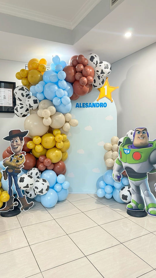 Customizable Board Backdrop with Balloon Animal Printed White, Beige, Brown, Yellow and Blue with Toy Story Character Woody and Buzz Lightyear Standee - Toy Story-Themed Perfect for special occasions