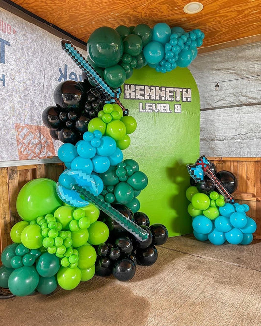 Customizable Board Backdrop with Balloon Blue, Black and Green - Minecraft-Themed Perfect for special occasion