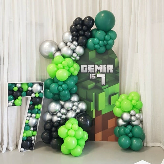 Customizable Board Backdrop with Balloon Blue, Silver and Green with Marquee ‘7’ with Mini Balloons - Minecraft-Themed Perfect for special occasion
