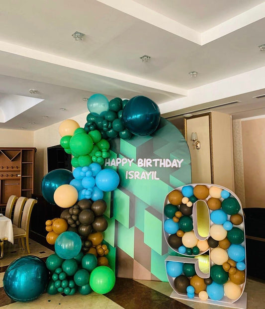 Customizable Board Backdrop with Balloon Blue, Brown, Beige and Green with Marquee ‘9’ with Mini Balloons - Minecraft-Themed Perfect for special occasion