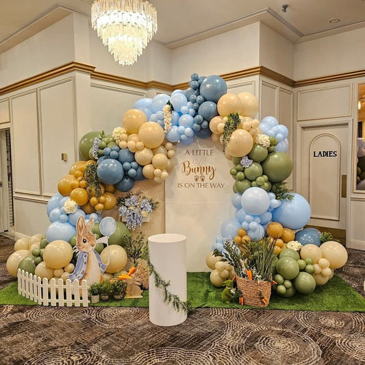 Full Setup Customizable Board Backdrop with Balloon Blue, Brown, Beige and Green with Peter Standee, White Cake Stand and Artificial Flower and Leaves - The Tale of Peter Rabbit-Themed Perfect for special occasions