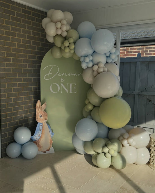 Customizable Board Backdrop with Balloon Blue, Green and Dust White with Peter Standee - The Tale of Peter Rabbit-Themed Perfect for special occasions