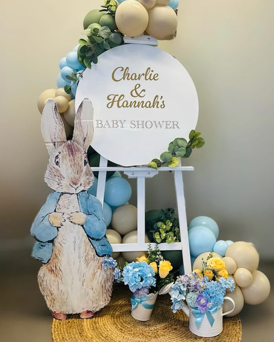 Customizable Round Board with Wooden Stand with Balloon Blue and Beige with Peter Standee and Artificial Flowers - The Tale of Peter Rabbit-Themed Perfect for special occasions